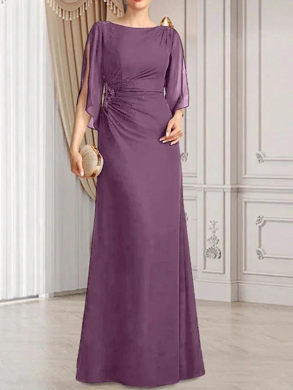 Sheath/Column Scoop Floor-Length Chiffon Mother of the Bride Dress With Pleated Beading