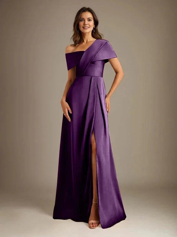 A-Line Asymmetrical Neckline Floor-Length Satin Mother of the Bride Dress With Pleated