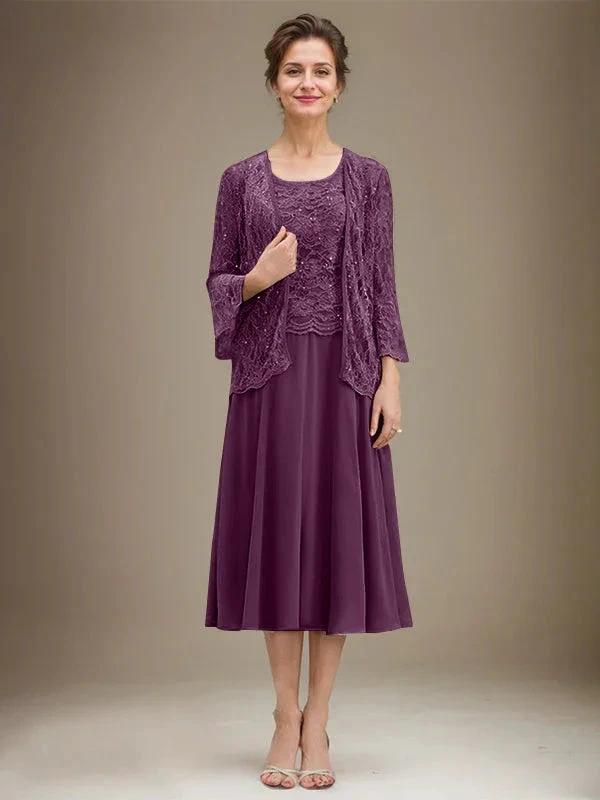A-line Scoop Tea-Length Lace Chiffon Mother of the Bride Dress With Sequins