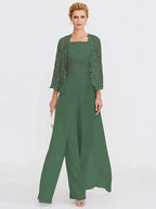 3 Piece Chiffon Square Neck Mother of the Bride Pantsuits with Jacket
