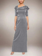 Long Shimmer Column Dress with Foldover Cuff L-Neckline and Elbow Sleeves