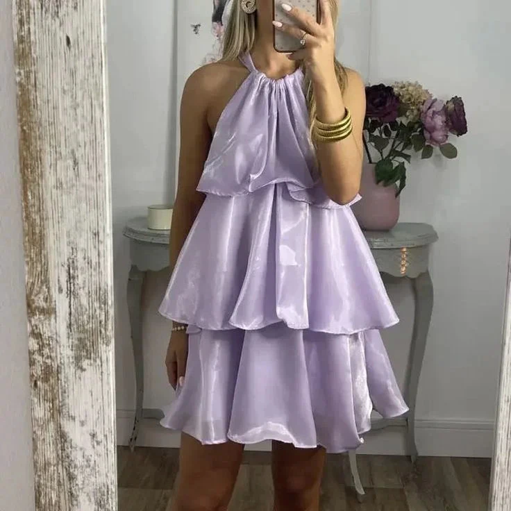 Simple Blue Organza Halter Layered Mini Prom Dress Homecoming Dress Y8089