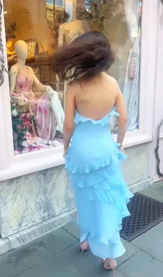 Elegant Spaghetti Straps Blue Ruffle Chiffon Prom Dress Backless Evening Dress Y8267