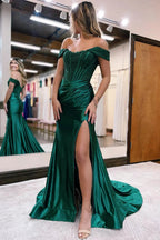 Raelyn |Mermaid Off the Shoulder Satin Prom Dress with Slit