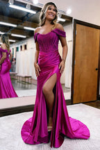 Raelyn |Mermaid Off the Shoulder Satin Prom Dress with Slit