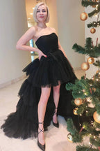 June |A-line High Low Strapless Tulle Prom Dress with Ruffles