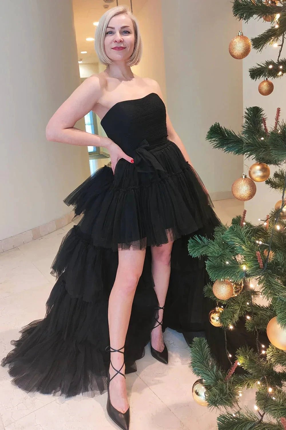 June |A-line High Low Strapless Tulle Prom Dress with Ruffles