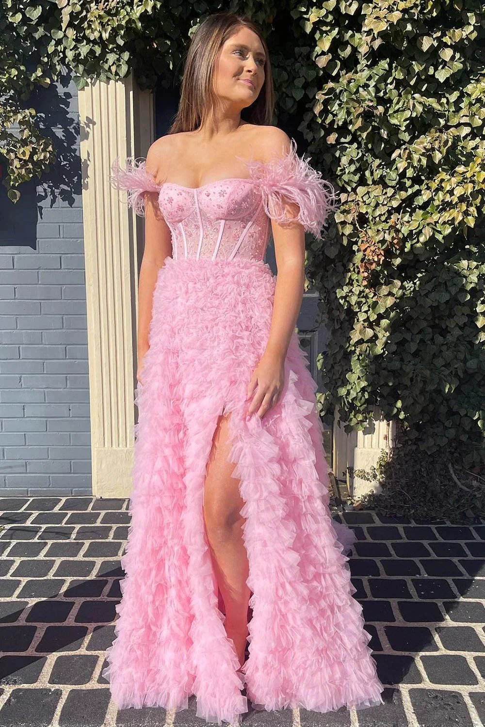 Ingrid |A Line Sweetheart Tiered Tulle Long Prom Dress With Slit