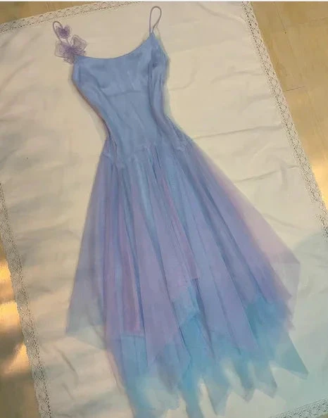 Lilac Tulle A Line Party Dress Straps Homecoming Dress With Flowers Y8143
