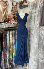 Vintage Navy Blue Chiffon Ruched Evening Gown Mermaid Party Prom Dress Y8076