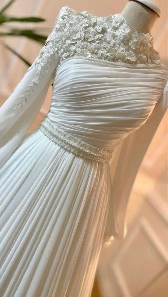 Muslim Wedding Dress Long Sleeves With Pearls Chiffon Appliques Long Pleated Bridal Gowns Y6727