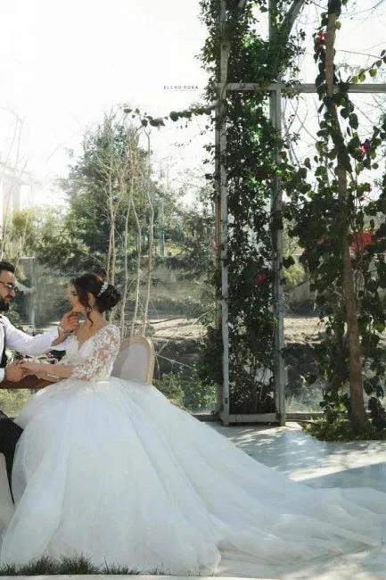 Half sleeves lace V-neck A-line Princess Wedding Dress