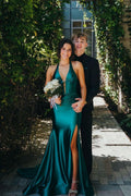 Josie | Navy Halter Corset Mermaid Plunging Deep V-neck Ruched Long Formal Dress with Slit