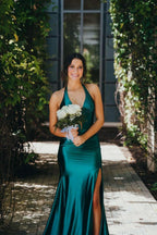Josie | Navy Halter Corset Mermaid Plunging Deep V-neck Ruched Long Formal Dress with Slit