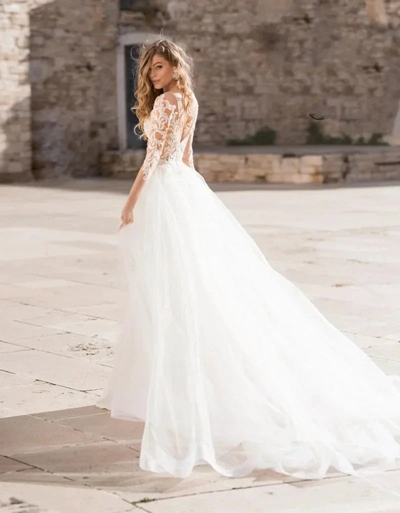 Haute Couture Luxury Elegant White Satin Long Sleeve Backless Sweep Train Deep V-Neck Mermaid Backless Embroidery Wedding Dress
