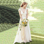 Haute Couture White 3D Appliques Bride Dress Deep V-Neck Backless Satin Sweep Train  A-LINE Bespoke Wedding Dress