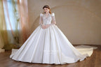 Opulent Ivory V-Neck Satin Ball Gown with Crystal Embroidery, Sheer Sleeves & Keyhole Back Bow A001