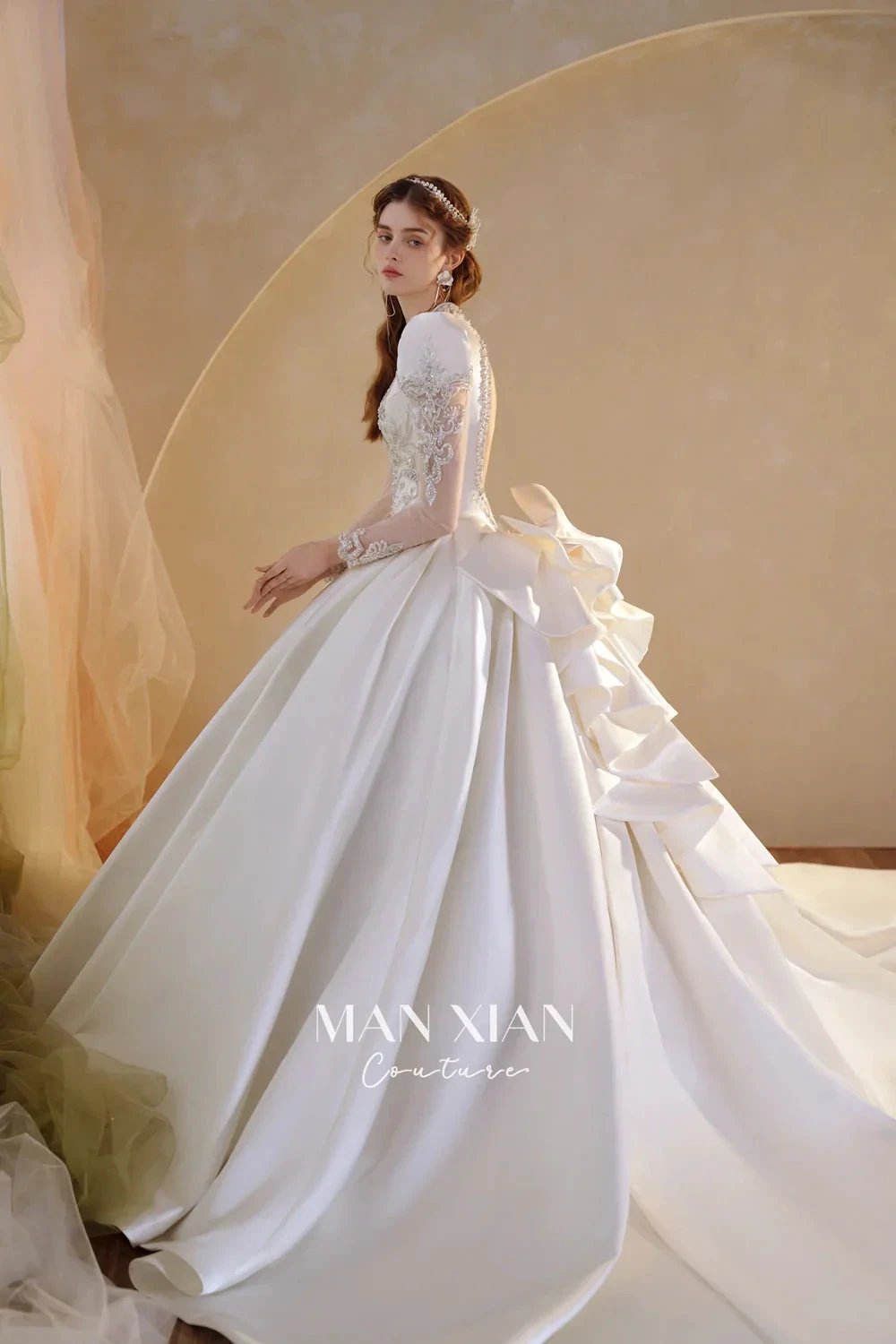 Opulent Ivory V-Neck Satin Ball Gown with Crystal Embroidery, Sheer Sleeves & Keyhole Back Bow A001