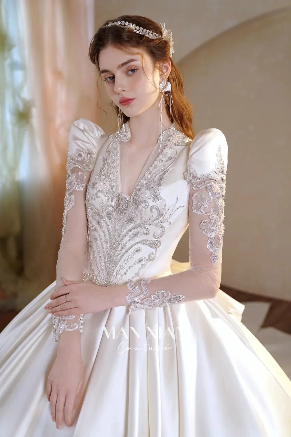 Opulent Ivory V-Neck Satin Ball Gown with Crystal Embroidery, Sheer Sleeves & Keyhole Back Bow A001