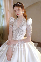 Opulent Ivory V-Neck Satin Ball Gown with Crystal Embroidery, Sheer Sleeves & Keyhole Back Bow A001