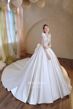Opulent Ivory V-Neck Satin Ball Gown with Crystal Embroidery, Sheer Sleeves & Keyhole Back Bow A001