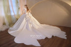 Opulent Ivory V-Neck Satin Ball Gown with Crystal Embroidery, Sheer Sleeves & Keyhole Back Bow A001