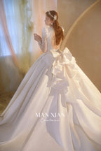 Opulent Ivory V-Neck Satin Ball Gown with Crystal Embroidery, Sheer Sleeves & Keyhole Back Bow A001