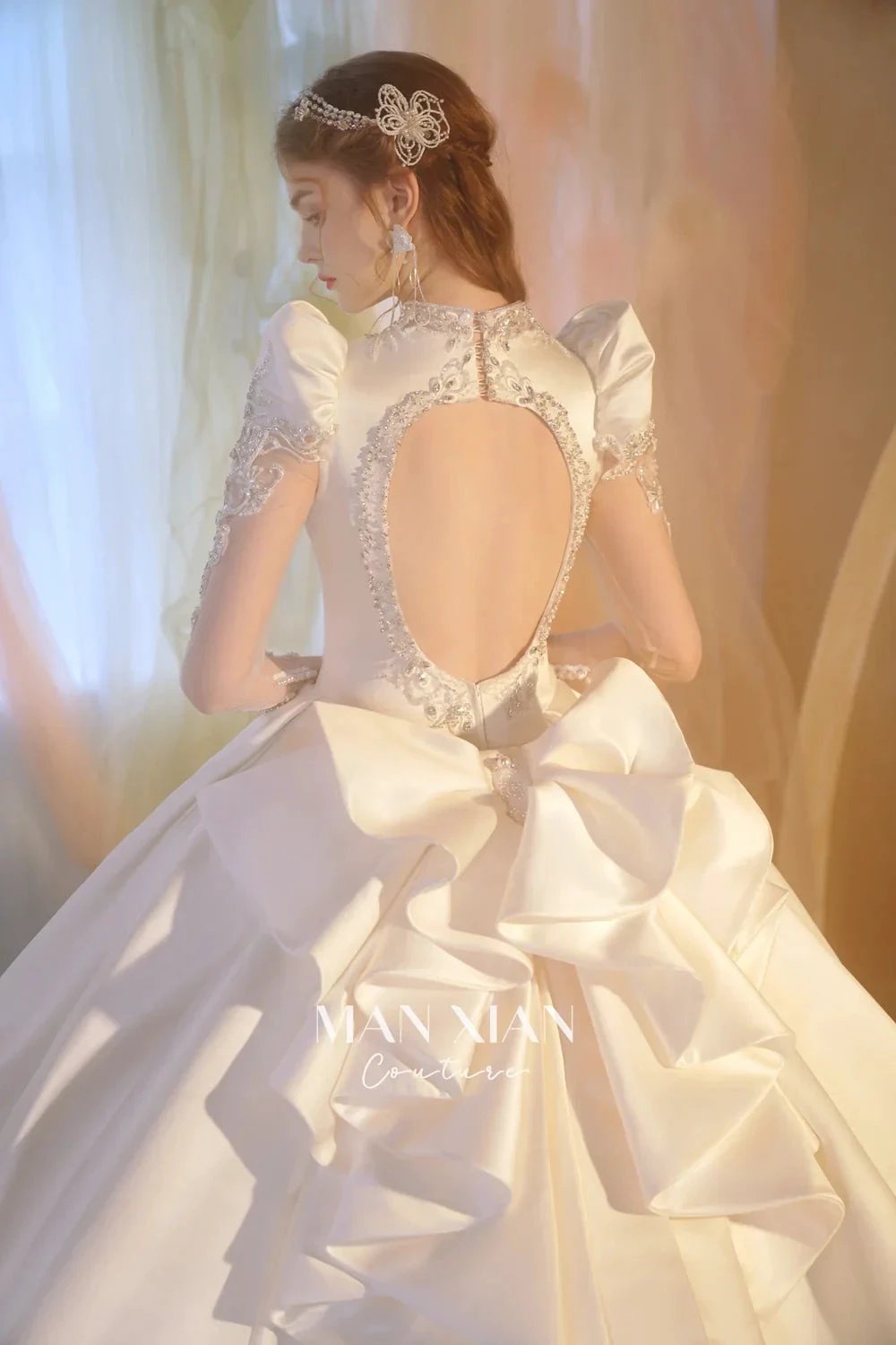 Opulent Ivory V-Neck Satin Ball Gown with Crystal Embroidery, Sheer Sleeves & Keyhole Back Bow A001