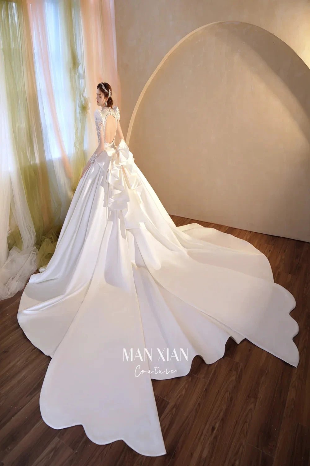 Opulent Ivory V-Neck Satin Ball Gown with Crystal Embroidery, Sheer Sleeves & Keyhole Back Bow A001