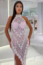 High Neck Pink Unique Mermaid High Split Prom Dress