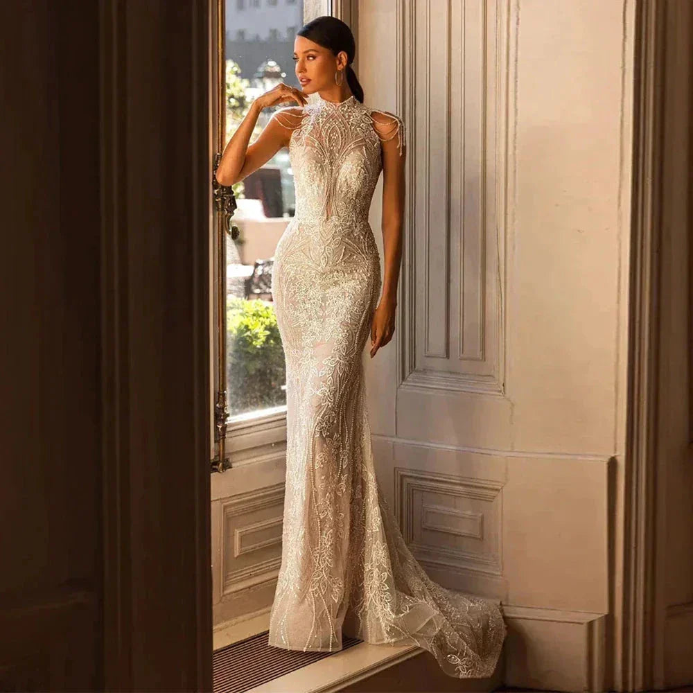 High Neck Wedding Dresses Women's Elegant Tulle Backless Bohemian Beads Sequins Applique Beach Bridal Gowns Vestidos Novia