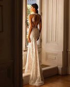 High Neck Wedding Dresses Women's Elegant Tulle Backless Bohemian Beads Sequins Applique Beach Bridal Gowns Vestidos Novia