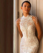 High Neck Wedding Dresses Women's Elegant Tulle Backless Bohemian Beads Sequins Applique Beach Bridal Gowns Vestidos Novia