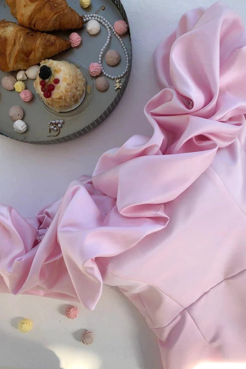 pink satin mini dress Off The Shoulder Short Dresses SYH2