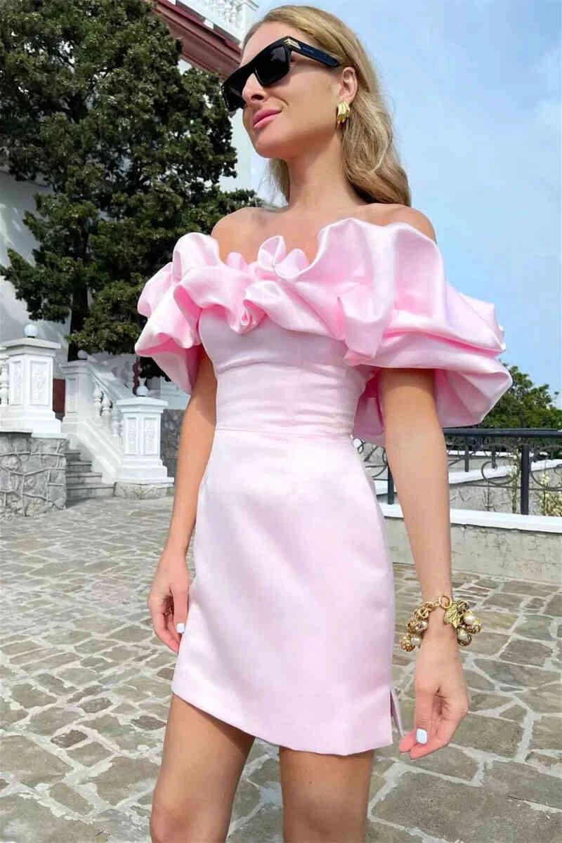 pink satin mini dress Off The Shoulder Short Dresses SYH2