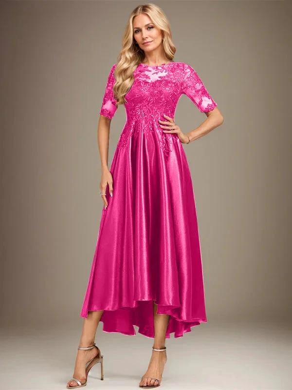A-line Scoop Illusion Asymmetrical Stretch Satin Lace Mother of the Bride Dress With Sequins