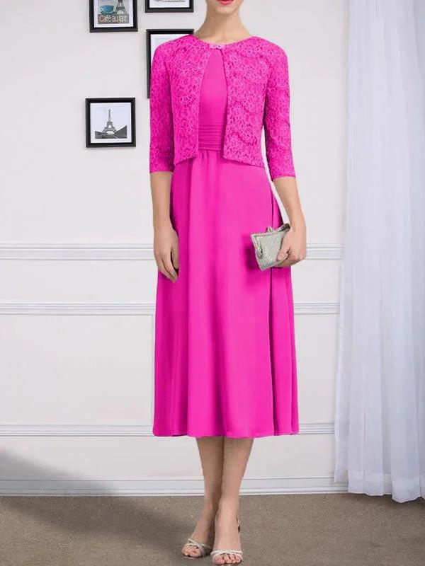 A-line Scoop Tea-Length Chiffon Mother of the Bride Dress With Pleated