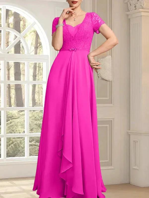 A-line Sweetheart Floor-Length Chiffon Lace Mother of the Bride Dress With Beading Cascading Ruffles