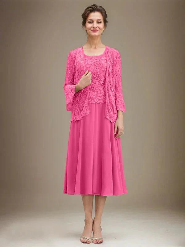A-line Scoop Tea-Length Lace Chiffon Mother of the Bride Dress With Sequins