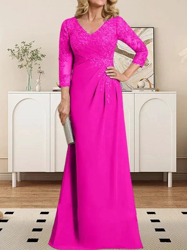 Sheath/Column V-Neck Illusion Floor-Length Lace Chiffon Mother of the Bride Dress With Pleated Sequins