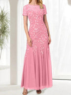 Blue Mermaid Round Neck Long Mother of the Bride Dress With Beadings