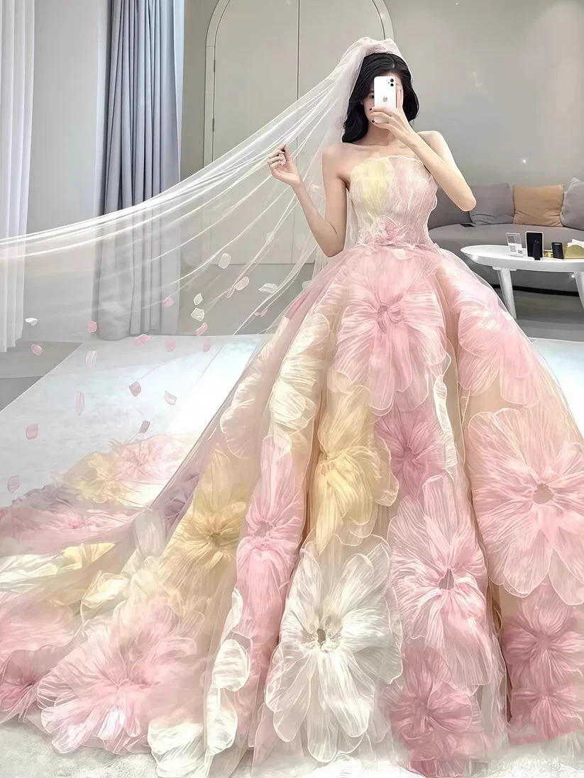 Dream Princess Floral Ball Gown, Strapless A-line Evening Prom Dress,Wedding Dress Y8289
