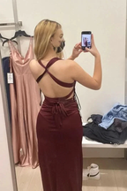 Long Formal Dress Womens Teal Strappy-back Satin Sleeveless Evening Dress Y2928