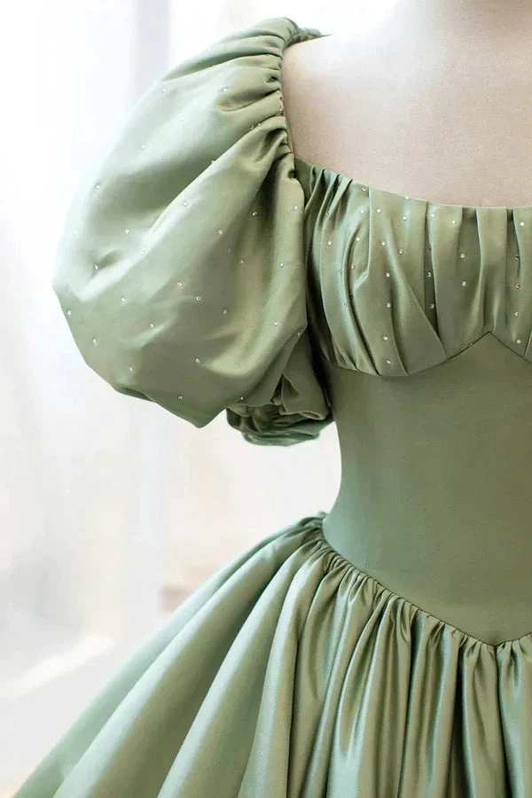 Satin Ball Gown Long Prom Dress Short Sleeves Evening Dress Y4313