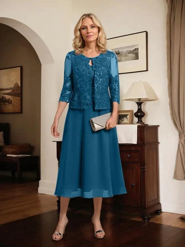 A-line Scoop Tea-Length Lace Chiffon Mother of the Bride Dress With Sequins