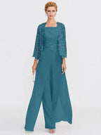 3 Piece Chiffon Square Neck Mother of the Bride Pantsuits with Jacket