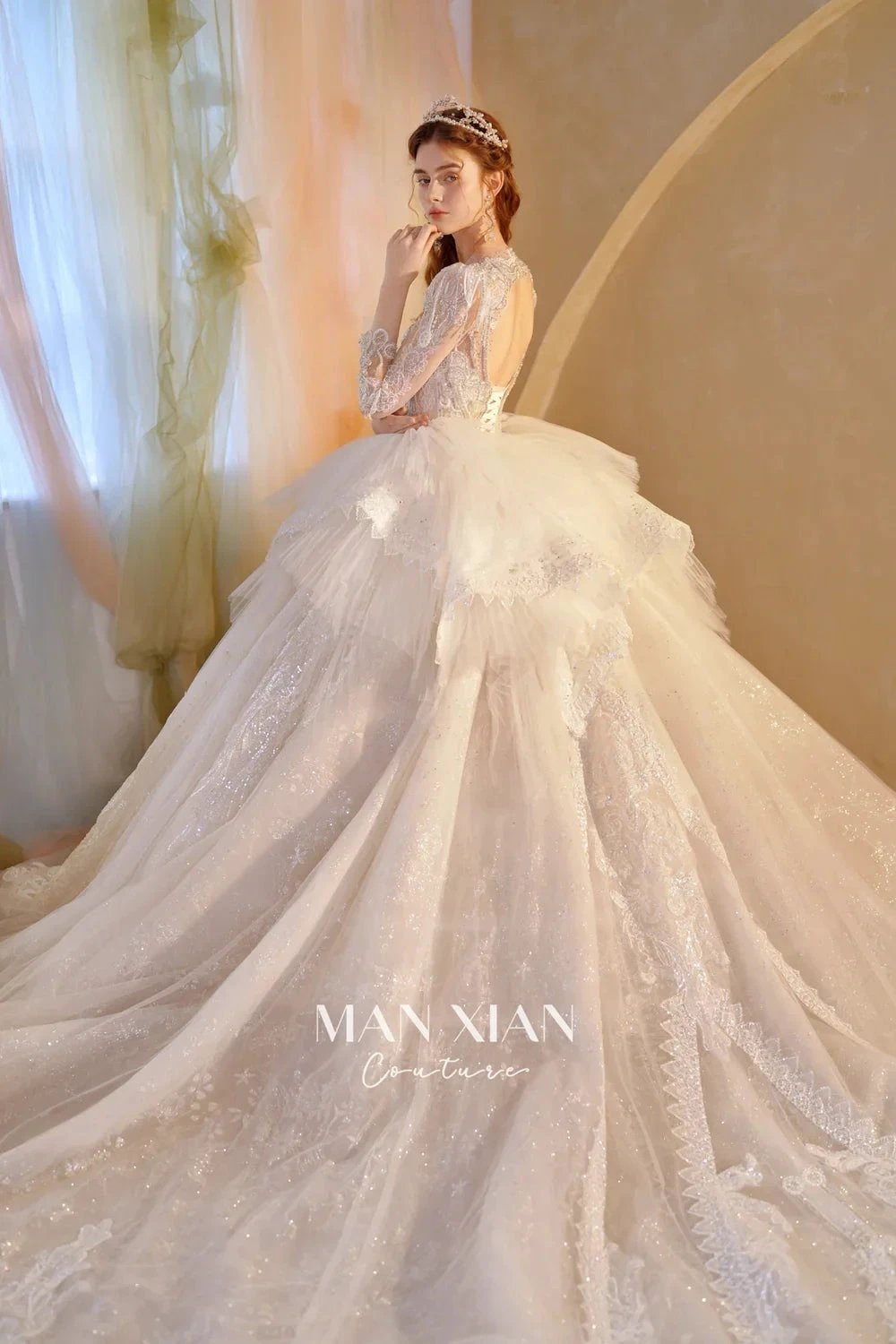 Luminous Ivory V-Neck Glitter Tulle Ball Gown with Beaded Lace, Sheer Sleeves & Draped Ruffle Train N001