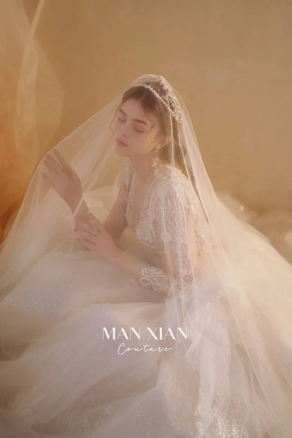 Luminous Ivory V-Neck Glitter Tulle Ball Gown with Beaded Lace, Sheer Sleeves & Draped Ruffle Train N001