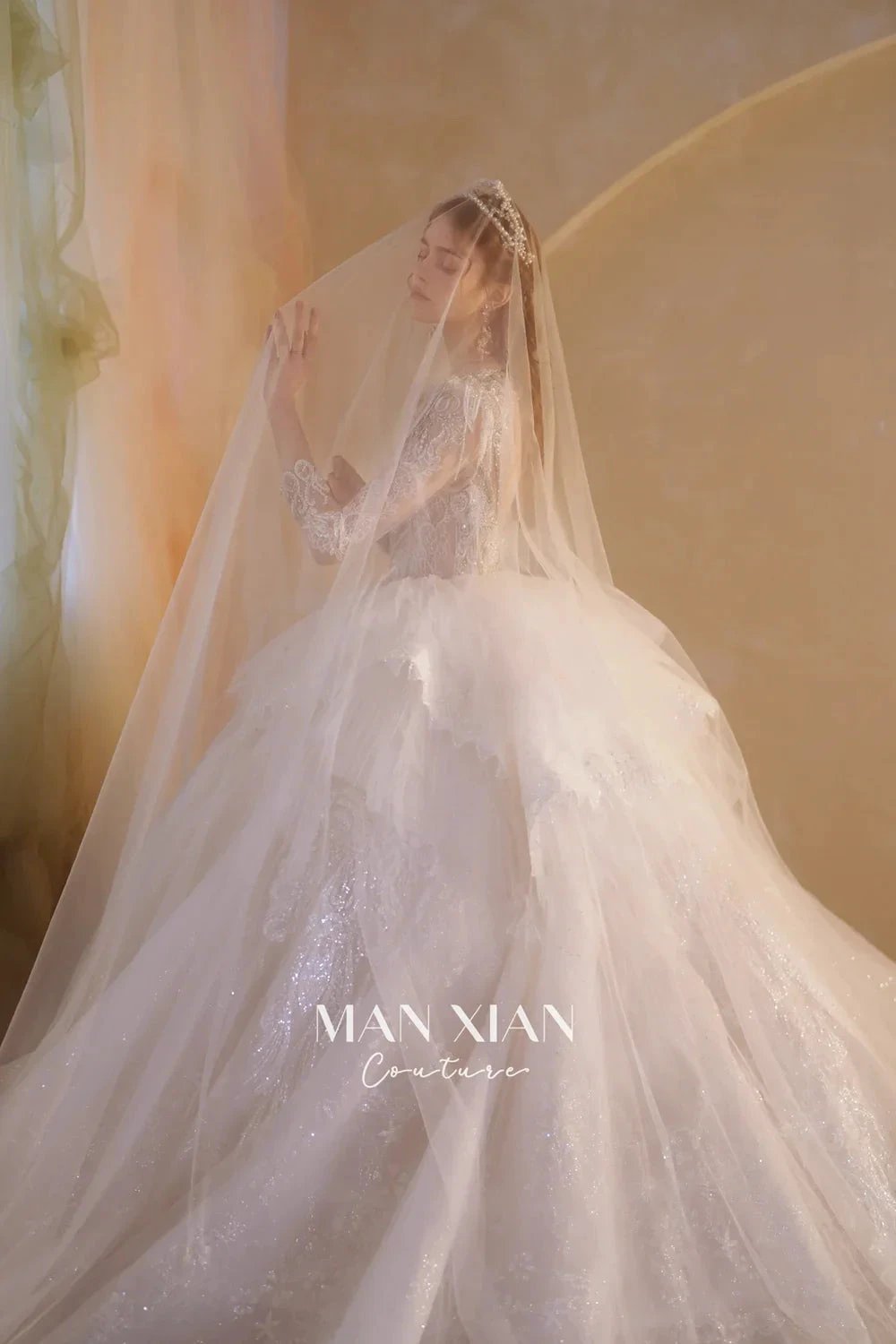 Luminous Ivory V-Neck Glitter Tulle Ball Gown with Beaded Lace, Sheer Sleeves & Draped Ruffle Train N001