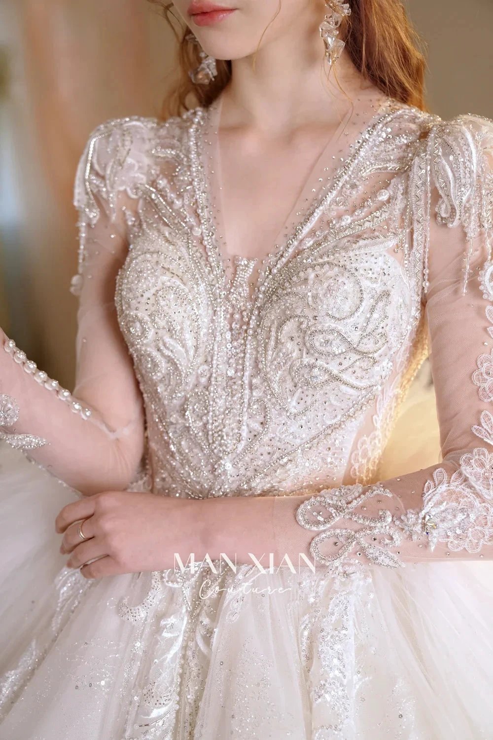 Luminous Ivory V-Neck Glitter Tulle Ball Gown with Beaded Lace, Sheer Sleeves & Draped Ruffle Train N001
